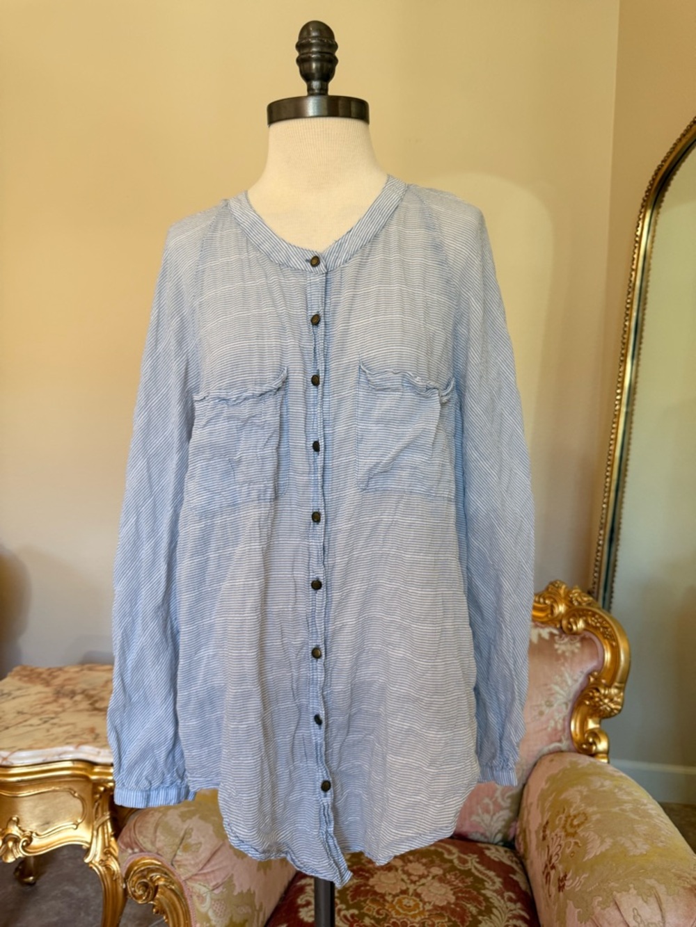 Free People Light Blue Striped Button-Front Long Sleeve Top